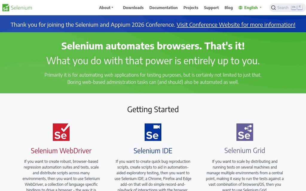 Screenshot of the Selenium homepage